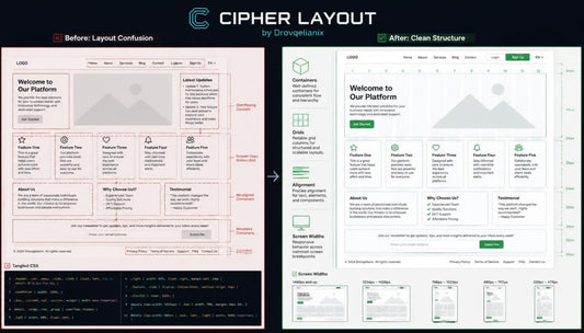 A before-and-after layout comparison graphic for a website or CMS interface, titled 'CIPHER LAYOUT' with 'by Dravyneantik' at the top. The left panel shows a messy, cluttered layout labeled 'Before: Layout Confusion' in pink/red lines, and the right panel shows a clean, organized layout labeled 'After: Clean Structure' in green lines.