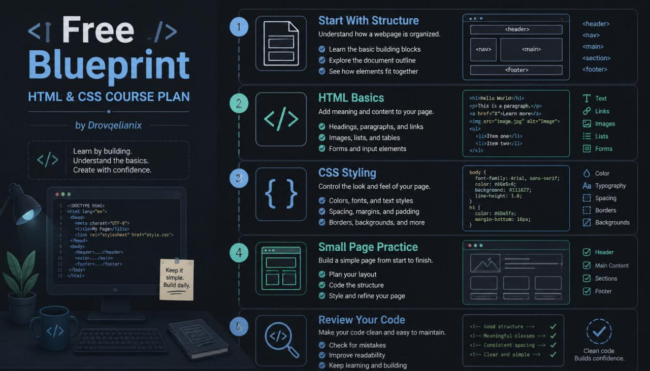 A digital course plan poster titled 'Free Blueprint HTML & CSS Course Plan' by DreioPixelis, featuring a dark navy and black background with a step-by-step roadmap, code snippets, checklist items, and small laptop and notebook props.