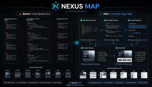 A dark-themed digital infographic titled 'NEXUS MAP' showing a before-and-after comparison of code spread out versus complete page map layouts. The graphic features structured sections, UI mockups, and technical flow diagrams on a black background with blue and white text and accents.