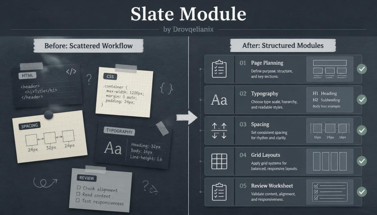 A digital presentation slide titled 'Slate Module' by Drovgelianix, comparing a 'Before: Scattered Workflow' with an 'After: Structured Modules' approach. The left side shows a messy, scattered layout with various digital sticky notes and code snippets pinned together.