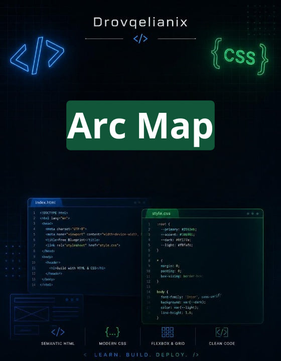 Digital cover graphic for a CSS course or guide titled 'Arc Map' by Drovqelianix, featuring a dark background with neon blue and green code symbols and two code editor windows at the bottom.