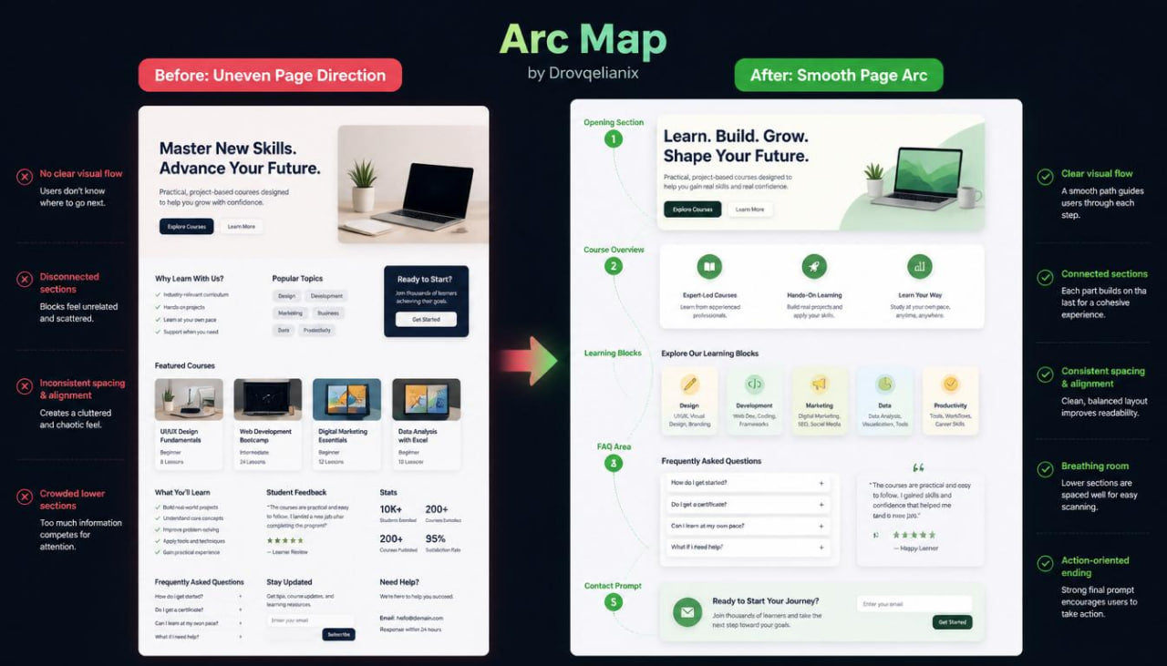 A digital mockup comparison graphic showing a before-and-after design for an Arc Map page. The left side, labeled 'Before: Unveined Page Direction,' shows a more complex, multi-column layout with red and green accents.