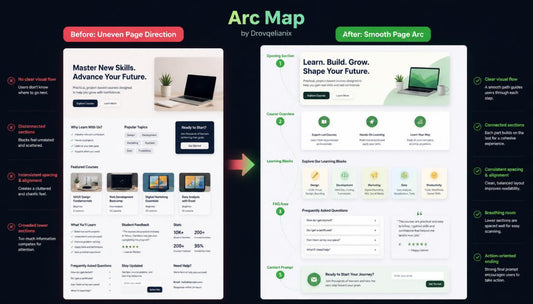 A digital mockup comparison graphic showing a before-and-after design for an Arc Map page. The left side, labeled 'Before: Unveined Page Direction,' shows a more complex, multi-column layout with red and green accents.