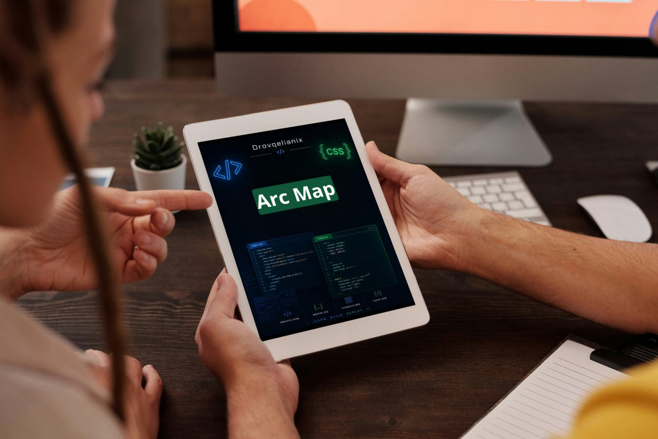 A person holds a tablet showing a software interface labeled 'Arc Map' while another person points at the screen in a modern office setting with a keyboard, mouse, and computer monitor visible.