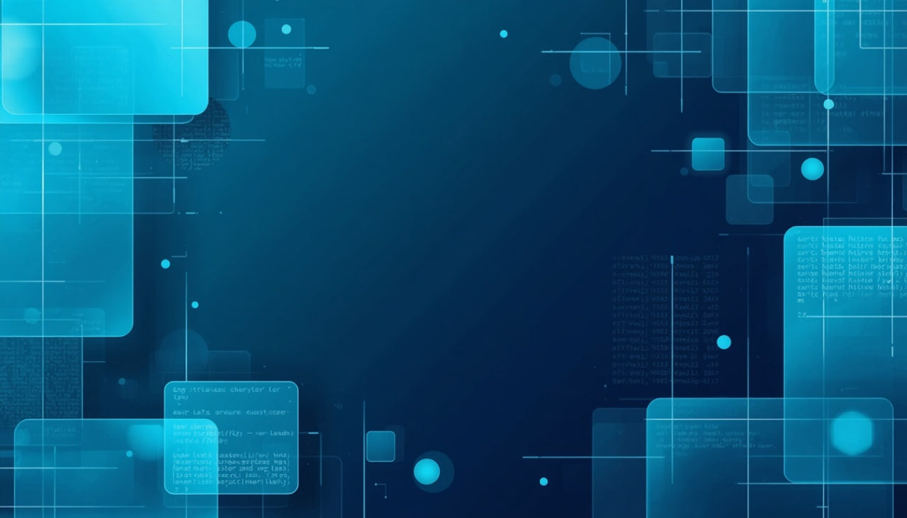 A digital abstract background featuring glowing translucent blue geometric panels, lines, and dots on a dark blue gradient backdrop.