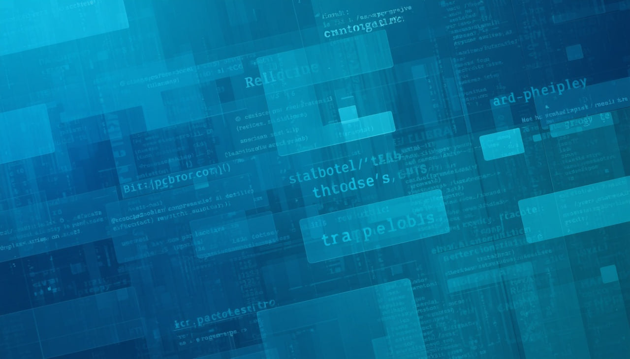 Abstract blue digital background with layered translucent text blocks and faint code-like lettering.