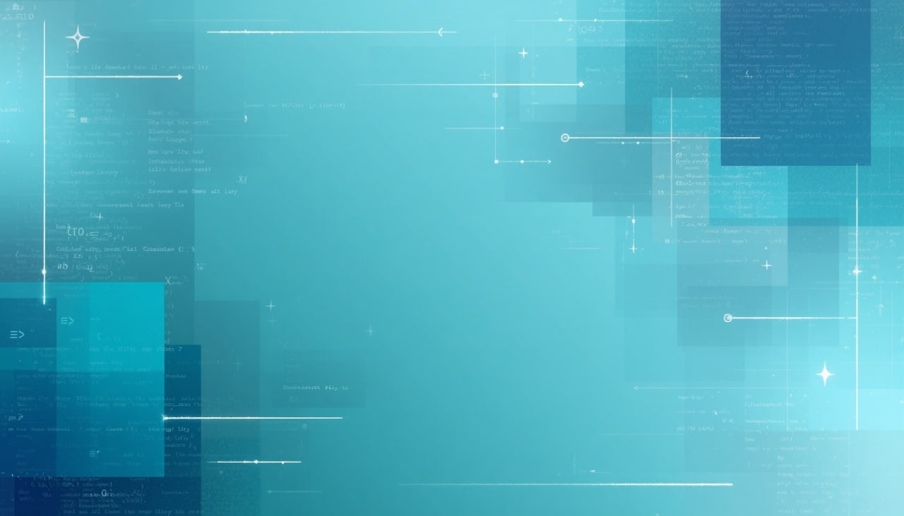 Abstract digital background with layered blue and teal geometric blocks, white line elements, and faint code-like text overlays.