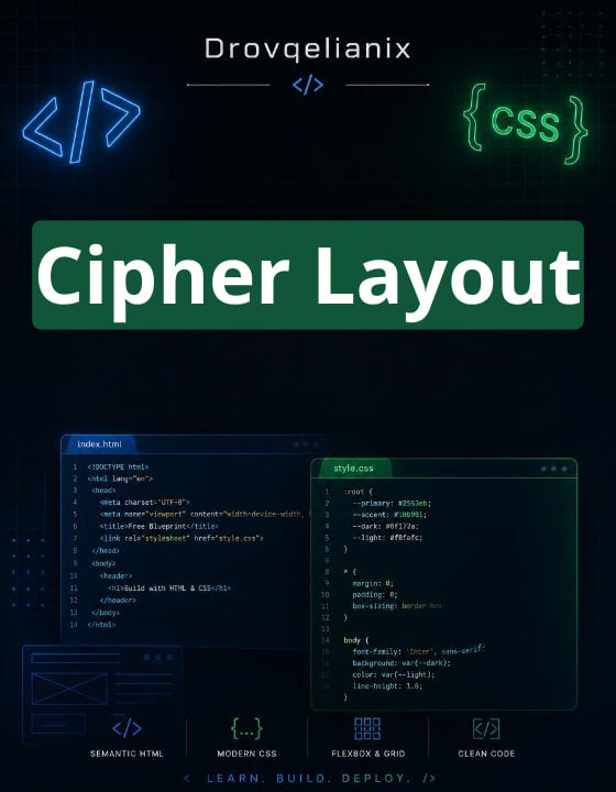 Digital cover graphic for a CSS layout course or book titled 'Cipher Layout' by Drovqelianix, featuring a dark background with glowing blue and green code symbols, a large green title banner, and two code editor windows showing HTML and CSS layouts.