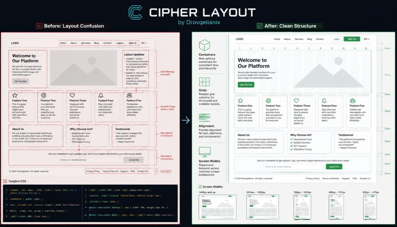 A before-and-after layout comparison graphic for a website or CMS interface, titled 'CIPHER LAYOUT' with 'by Dravyneantik' at the top. The left panel shows a messy, cluttered layout labeled 'Before: Layout Confusion' in pink/red lines, and the right panel shows a clean, organized layout labeled 'After: Clean Structure' in green lines.