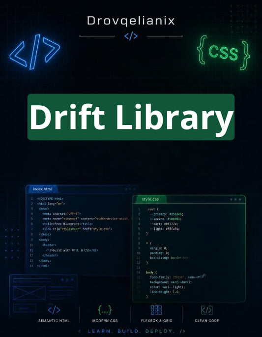 Promotional graphic for the Drift Library CSS framework by Drovqelianix, featuring a dark background with neon blue and green interface elements, a large green title banner reading 'Drift Library,' and two code editor windows showing CSS layouts.