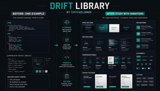 A dark-themed presentation slide or digital poster titled 'DRIFT LIBRARY' by drovoleanix, showing before-and-after layouts for organizing frontend documentation with UI components, section cards, and comparison notes.