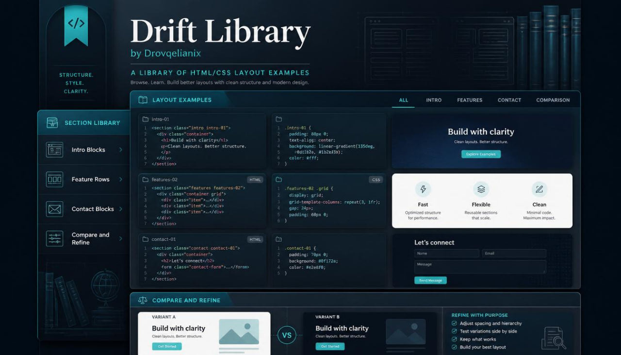 A dark-themed promotional graphic for the Drift Library, a CSS layout example library by Drovellanix. The design features a dark navy and black interface with light blue accents, showcasing various layout blocks and code snippets.