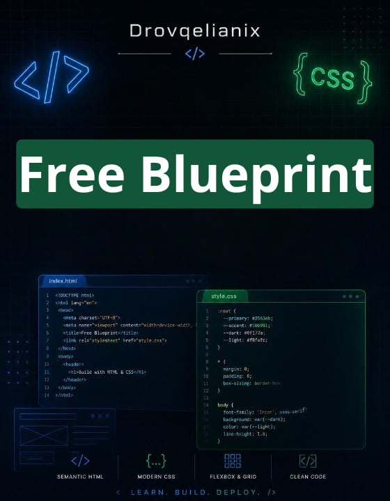 Promotional graphic for a free CSS blueprint course by Drovqelianix, featuring a dark digital background with glowing blue and green code symbols, a large green banner reading 'Free Blueprint,' and two code editor windows showing HTML and CSS layouts.