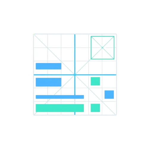 A minimalist geometric graphic on a white background, featuring a light gray grid with abstract blue and mint green bars, blocks, and a square outlined with diagonal lines.