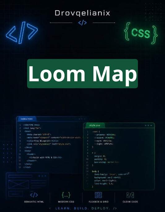 Promotional graphic for a digital course or guide titled 'Loom Map' by Drovqelianix, featuring a dark navy background with glowing neon blue and green interface elements, code snippets, and the text 'CSS' in brackets.