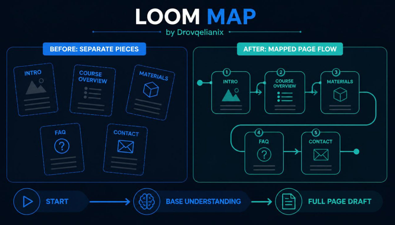 A digital infographic titled 'LOOM MAP' by Drovglianix, showing a before-and-after comparison of course content organization. The left side, labeled 'BEFORE: SEPARATE PIECES,' shows scattered icons for intro, course overview, materials, FAQ, and contact.