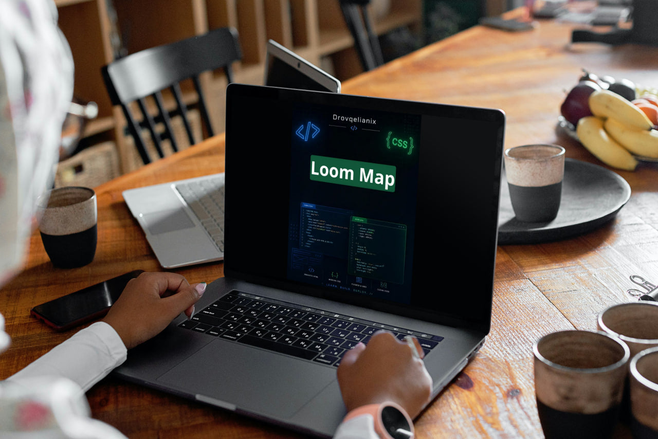A person uses a laptop on a wooden table, with the laptop screen displaying a 'Loom Map' interface. The scene is set in a warm, modern workspace with coffee cups, a phone, and fruit on the table.