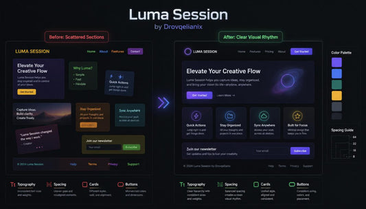 A digital preview of a presentation template or design asset titled 'Luma Session' by Drovepelinian, showing before-and-after layouts on a dark background with purple, blue, yellow, and orange accents.