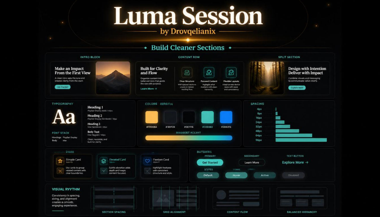 A promotional graphic for a digital theme or template named 'Luma Session' by Drovgeliani9, showcasing a dark UI design layout with various interface panels, buttons, and text elements on a black background.