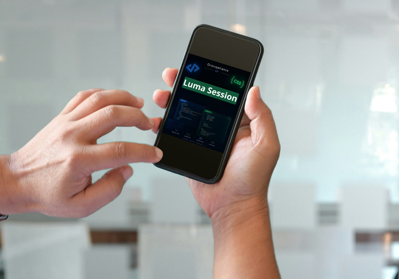 A person holds a black smartphone with both hands, showing the 'Luma Session' app interface on the screen against a softly blurred office background.