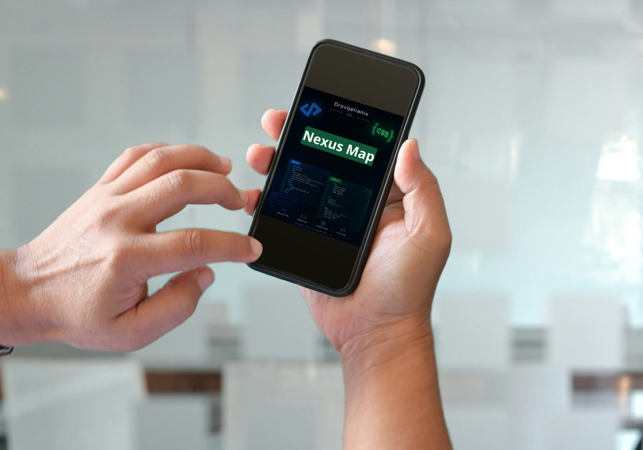 A person holds a black smartphone with both hands, showing a digital interface on the screen that reads 'Cipher Layout'. The background is a softly blurred modern office environment with glass walls.