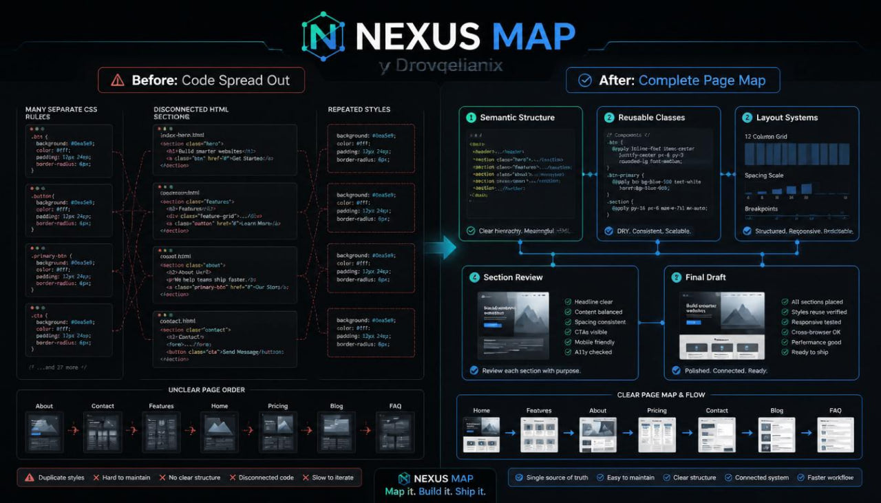 A dark-themed digital infographic titled 'NEXUS MAP' showing a before-and-after comparison of code spread out versus complete page map layouts. The graphic features structured sections, UI mockups, and technical flow diagrams on a black background with blue and white text and accents.