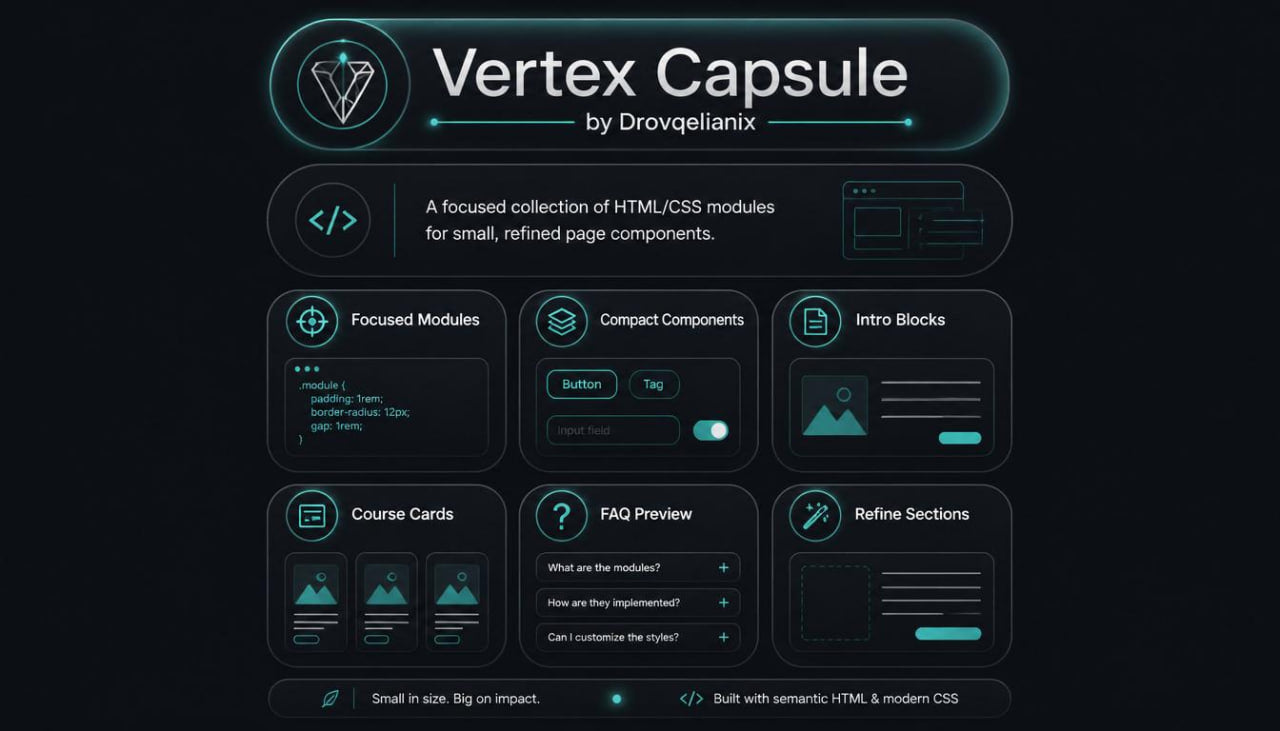 A promotional graphic for a digital product called 'Vertex Capsule' by Drovqelianix, showcasing a collection of HTML/CSS modules for small, refined page components. The design features a dark theme with glowing cyan accents and various UI card previews.